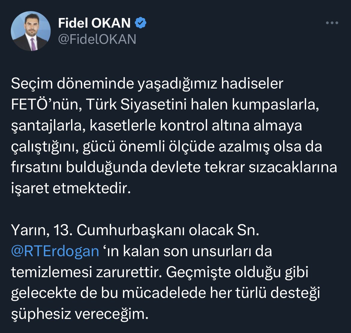 Muharrem İnce’nin sağ kolu ve avukatı Fidel Okan açıkça Erdoğan’a desteğini ilan etti. 
Kılıçdaroğlu’na son dönemeçteki kumpasın da baş aktörüdür kendisi.