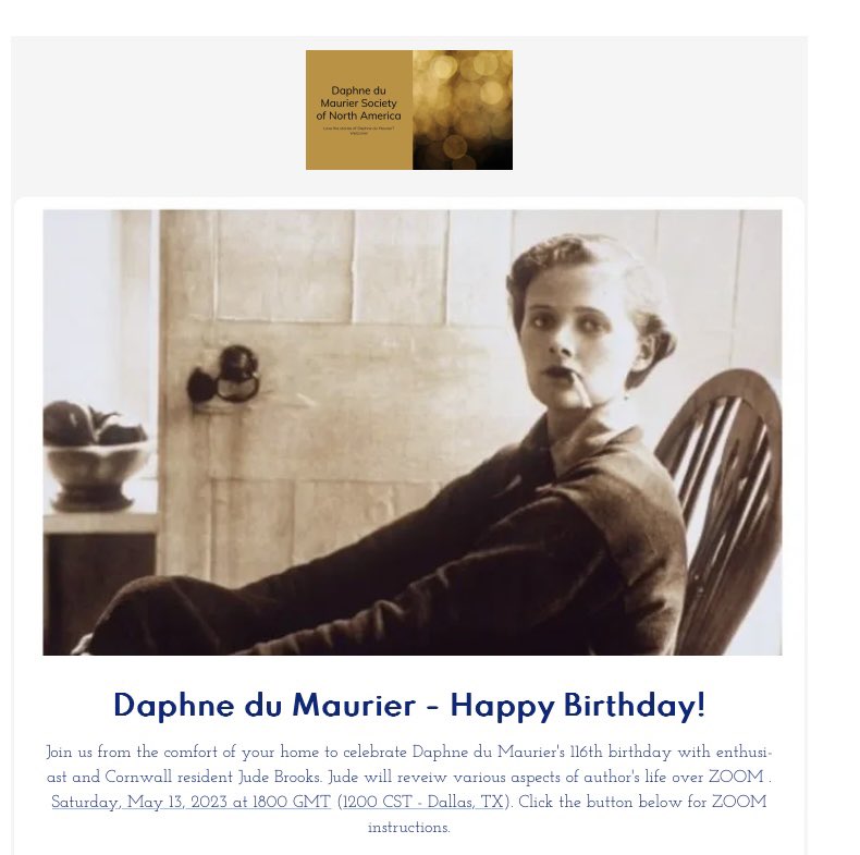 Great fun celebrating Daphne’s birthday zooming with Daphne du Maurier Society of North America and listening to fascinating talk by Jude Brooks
<a href="/judebrooks71/">Jude Brooks</a>