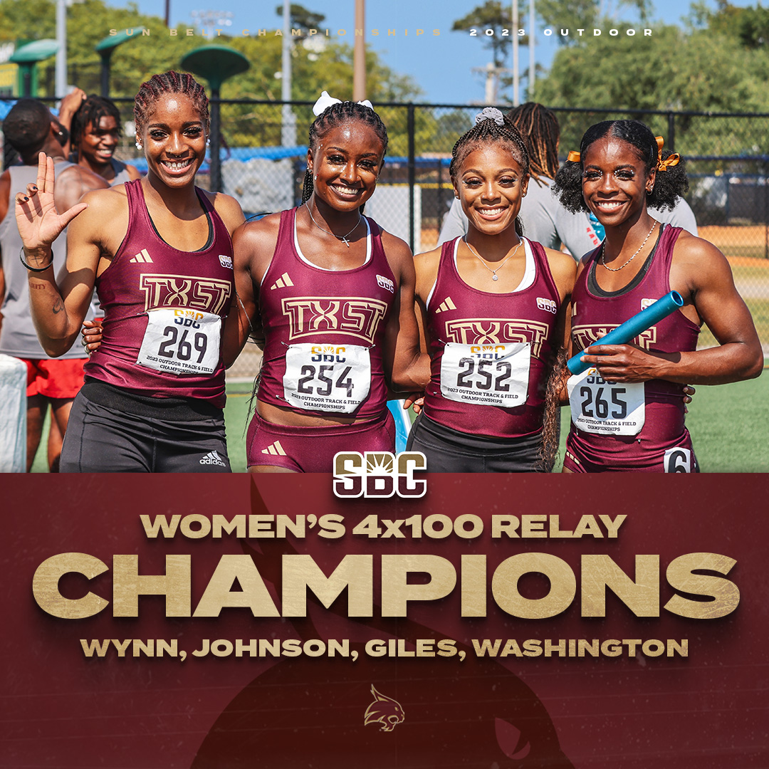 TXStateTrack's tweet photo. Conference Champions 🥇

A school-record 44.46 by Washington, Giles, Johnson and Wynn secured the #SunBeltTF women's 4x1 title

First women's 4x1 conference title for the Bobcats since 2004

#EatEmUp https://t.co/34BRfneZkz