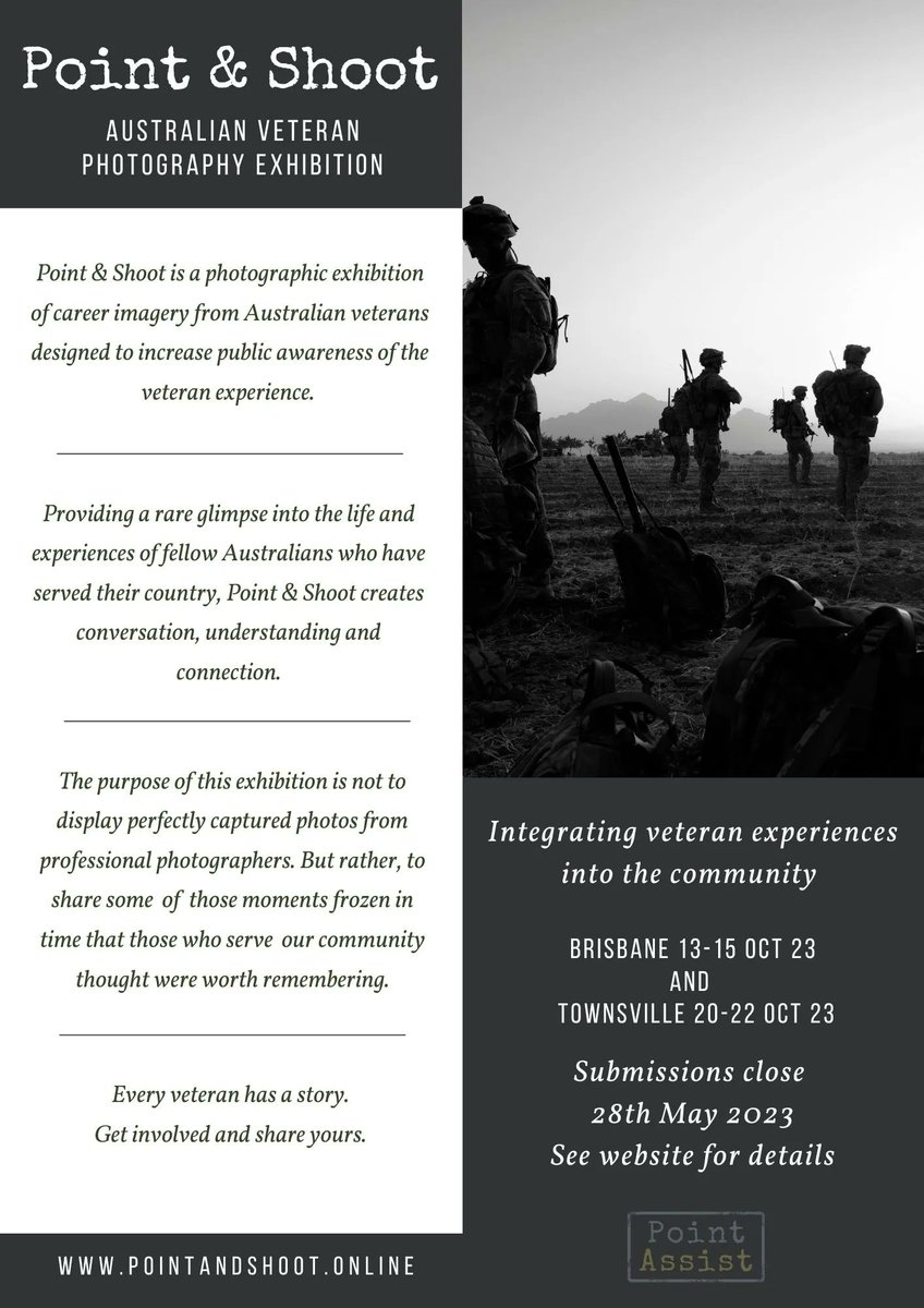 Point &amp; Shoot - the Australian Veteran Photography Exhibition.

Submissions for the 2023 event are now open and P&amp;S would love to see and share as many veteran stories as possible.

buff.ly/3O65s3V