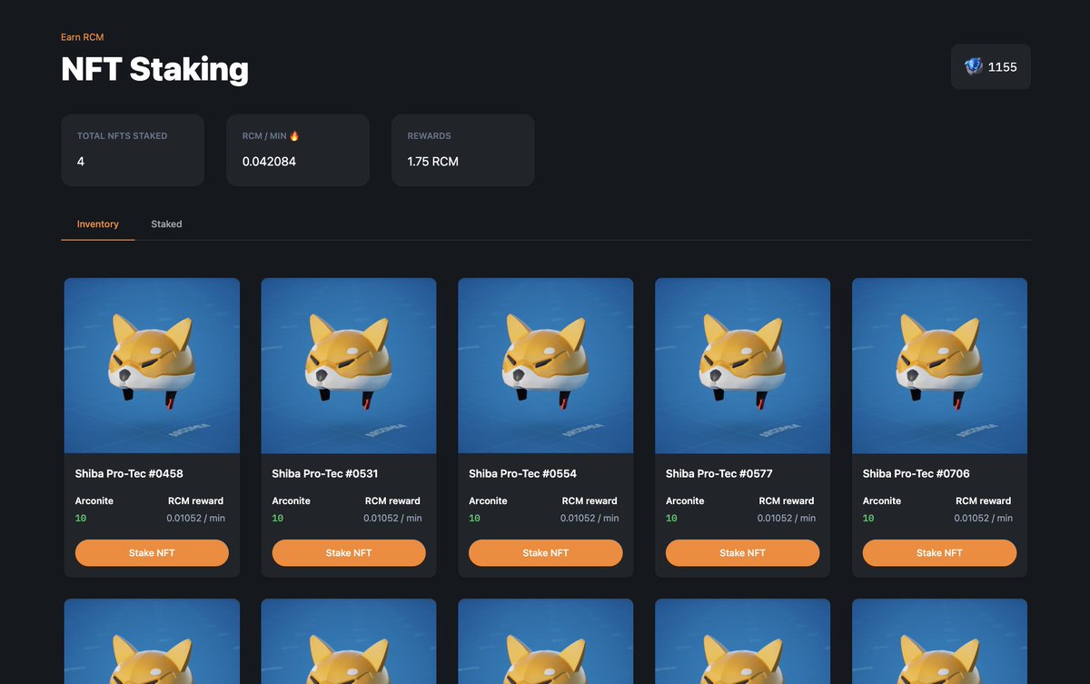 🚀HUGE NEWS! #NFT Staking is now LIVE! Get your RCM tokens by staking your NFTs.

🔸Shiba Pro-Tec: 0.0105218 RCM/min 
🔸Shiba Pro-Tec X: 0.280583 RCM/min 
🔸AeroBlast JetPack: 0.203423 RCM/min

Staking is key to get early access to RCM tokens!🔑 Stake multiple NFTs now! 

#Crypto