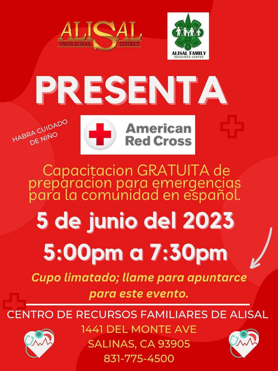 #americanredcross and #alisalunionschooldistrict and the #alisalfamilyresourcecenter present this free emergency preparation for the community at no cost in spanish.  

#alisalstrong