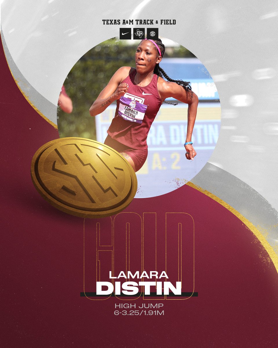 aggietfxc's tweet photo. 🥇 Make That Four SEC Titles 🥇

🥇🥇🥇🥇

Lamara Distin wins the high jump with a clearance over 6-3.25/1.91m, winning her fourth straight SEC title 👏

The victory adds 10 points to the Aggie women's team point 👍

#GigEm | @DistinLamara https://t.co/XB2J78APHU