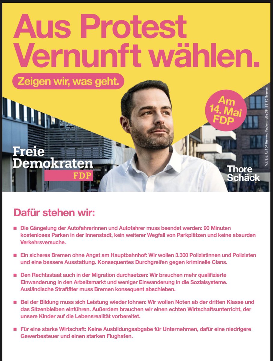 Heute ist Wahl in Bremen! 

Für einen Richtungswechsel bei
➡️ Verkehr
➡️ Sicherheit
➡️ Bildung
➡️ Wirtschaft 

Deshalb alle 5 Stimmen für die FDP!

#hbwahl #fdp #bremen #ZeigenWirWasGeht