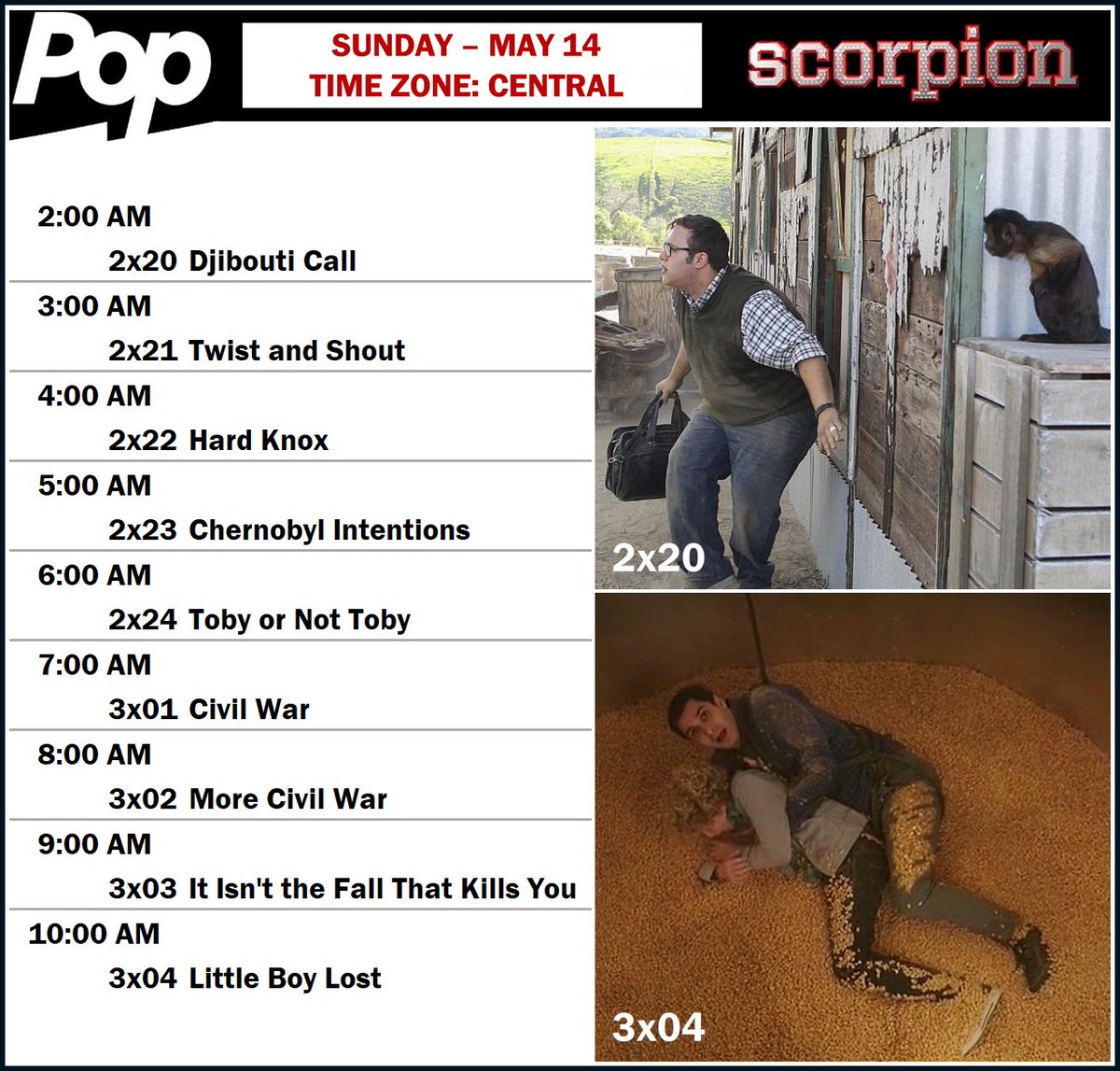 Dear American fans, tomorrow you can watch 9 episodes from Season 2 (5 eps.)  and Season 3 (4 eps.) on <a href="/PopTV/">Pop</a>.
Have fun with <a href="/ScorpionCBS/">Scorpion</a>!