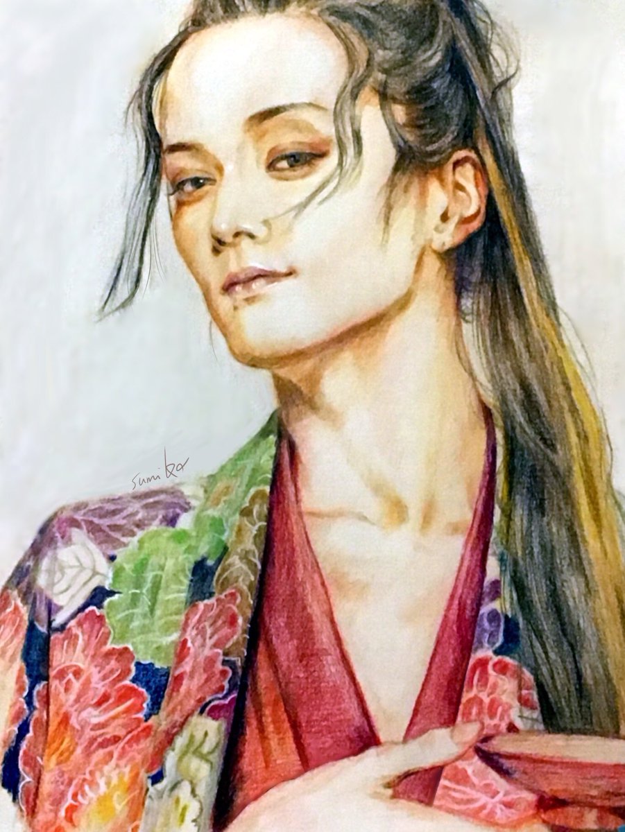 solo japanese clothes long hair black hair kimono male focus looking at viewer  illustration images