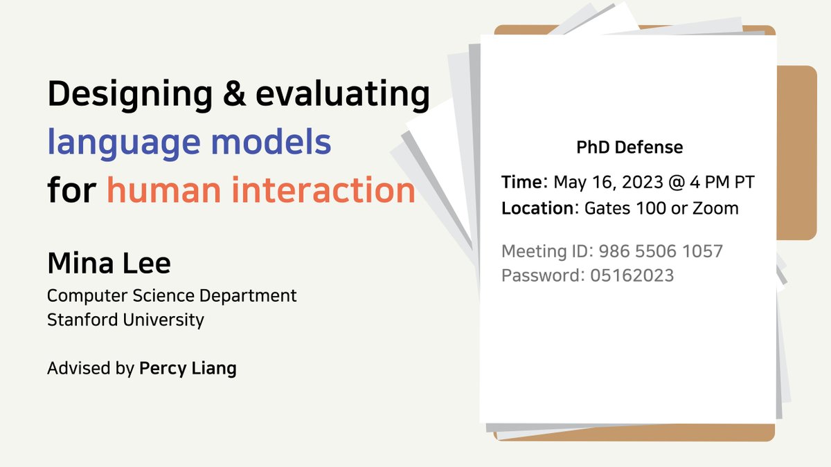 I'll present and defend my work on writing with AI over the past 6 years 👩‍🦰🤖✍️

If you are interested in the topic and happen to be free this upcoming Tuesday at 4-5PM PT, you are welcome to attend my defense over zoom!

stanford.zoom.us/j/98655061057?…