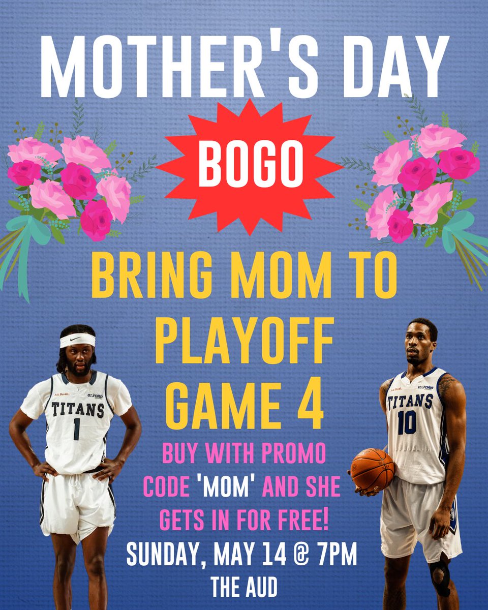 kw_titans's tweet photo. KW TITANS MOTHER'S DAY BOGO! 

PLAYOFFS ROUND 1 GAME 4: SUNDAY MAY 14 @ 7:00PM AT THE AUD

Visit https://t.co/PFa67VCBIU and use the code "MOM" for our Mother's Day Special!

Purchase a ticket and get your second ticket for mom, FOR FREE! https://t.co/bDqkEYcbMu