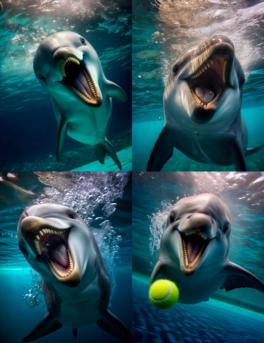mariswaran's tweet image. #underwaterimage 

Thanks to my recent followings, learnt the below 
prompt : a happy dolphin catching a tennis ball underwater, closeup shot in the style of Seth Casteel, highly detailed underwater photography, --ar 17:22