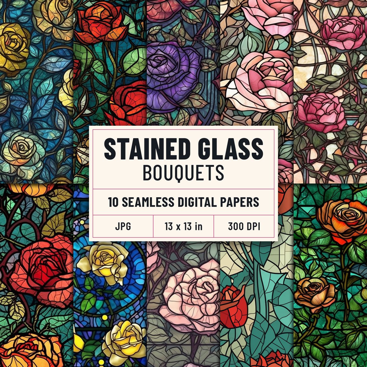 Inspired by stained glass, featuring pictures of lovely blooming flowers in a kaleidoscope of brilliant colors that are sure to impress anyone who sets their eyes on them. #seamlessrepeat #digitalpaperpack #seamlesspatterns #trendypatterns #etsyshop #etsy