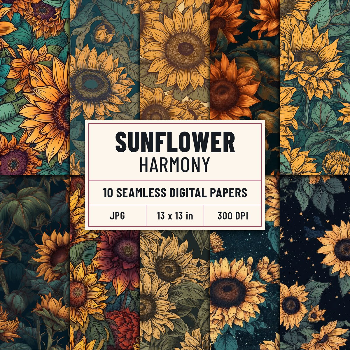 The Sunflower Harmony Digital Scrapbook Collection is an exquisite assortment of printable images, seamlessly designed backgrounds, and textures. #seamlessrepeat #digitalpaperpack #seamlesspatterns #trendypatterns #etsyshop #etsy