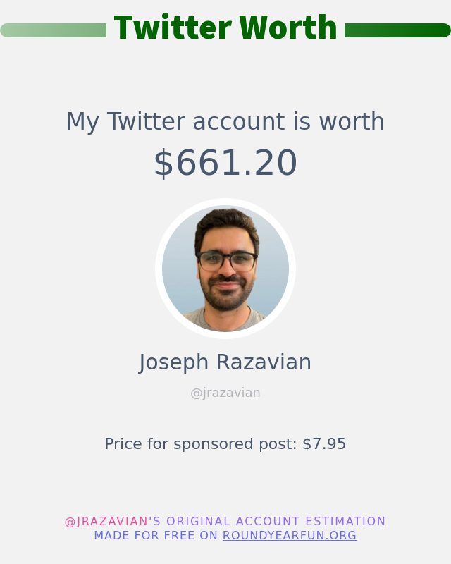 My Twitter worth is: $661.20

➡️ funroundy.online/twitterworth