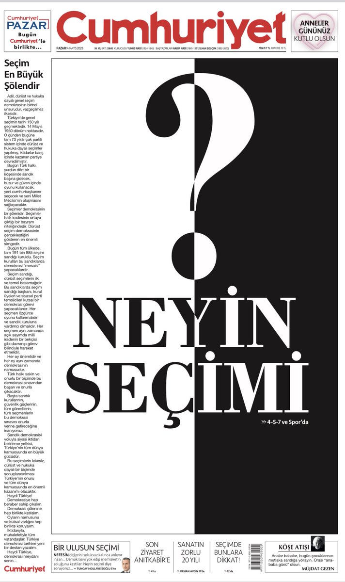 Cumhuriyet tarihinin en önemli seçimi…
Bugün sandığa giderken bir Cumhuriyet alın.. 
<a href="/cumhuriyetgzt/">Cumhuriyet</a>