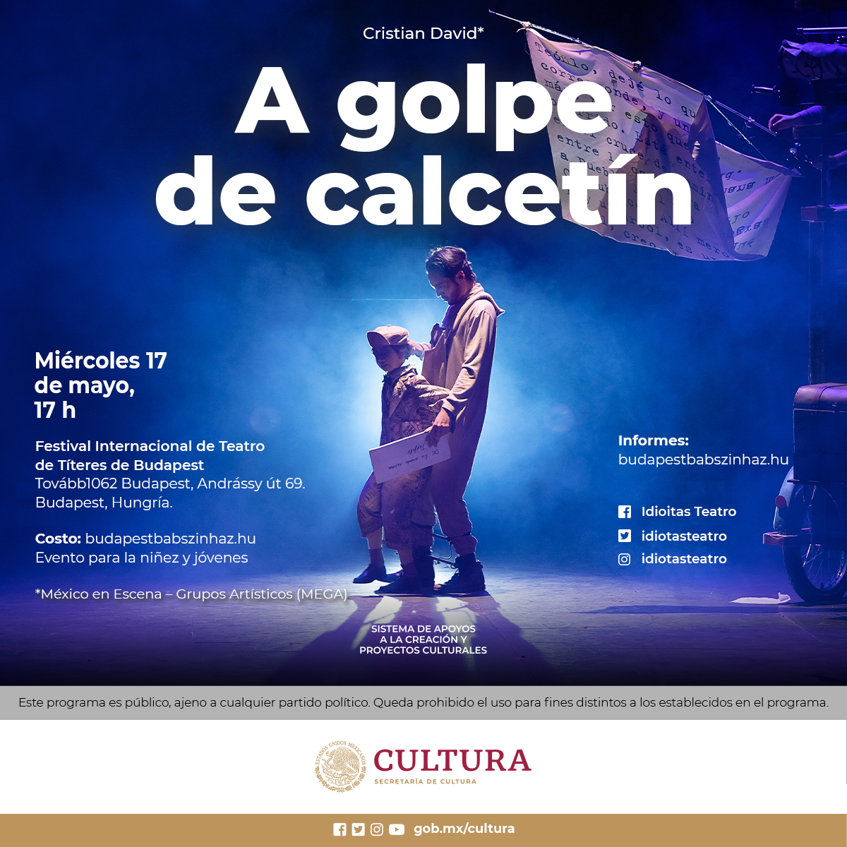 🎭La puesta en escena de “A golpe de calcetín” formará parte de las Olimpiadas Teatrales de Hungría. Invita <a href="/idiotasteatro/">IdiotasTeatro</a>. Participan <a href="/CristianDavid87/">Cristian David</a> (SNCA), <a href="/jpvillamusic/">Juan Pablo Villa</a> (SNCA) y Zezé F. Ramos (CE).

📅17 de mayo
📍Hungría

<a href="/cultura_mx/">Secretaría de Cultura</a>