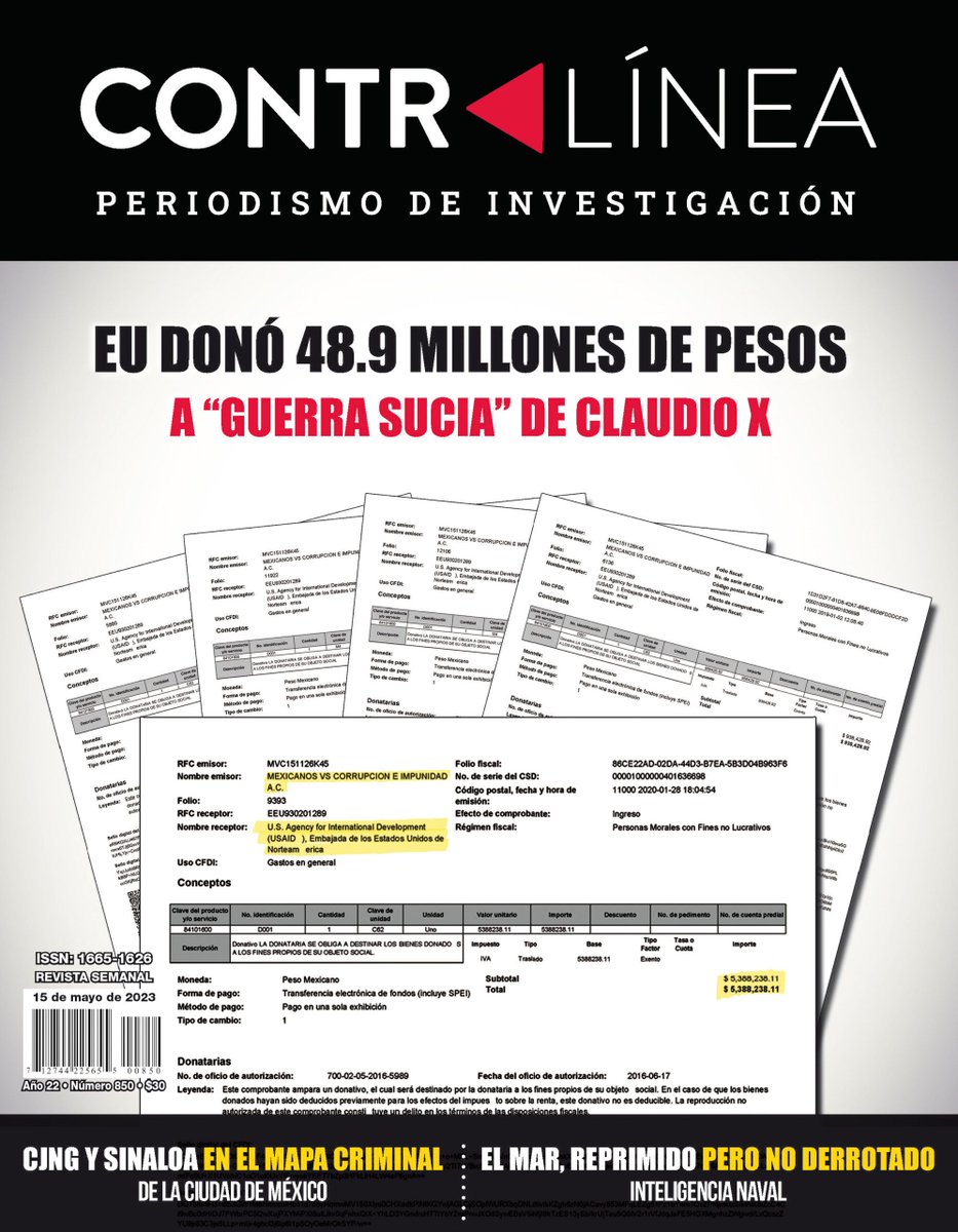 contralinea's tweet photo. PORTADA | EU donó 48.9 millones de pesos a "guerra sucia" de Claudio X 

#Contralínea850 #PeriodismodeInvestigación
Lee aquí 👉 https://t.co/7tE9JC0bjd https://t.co/KuELWurhB6