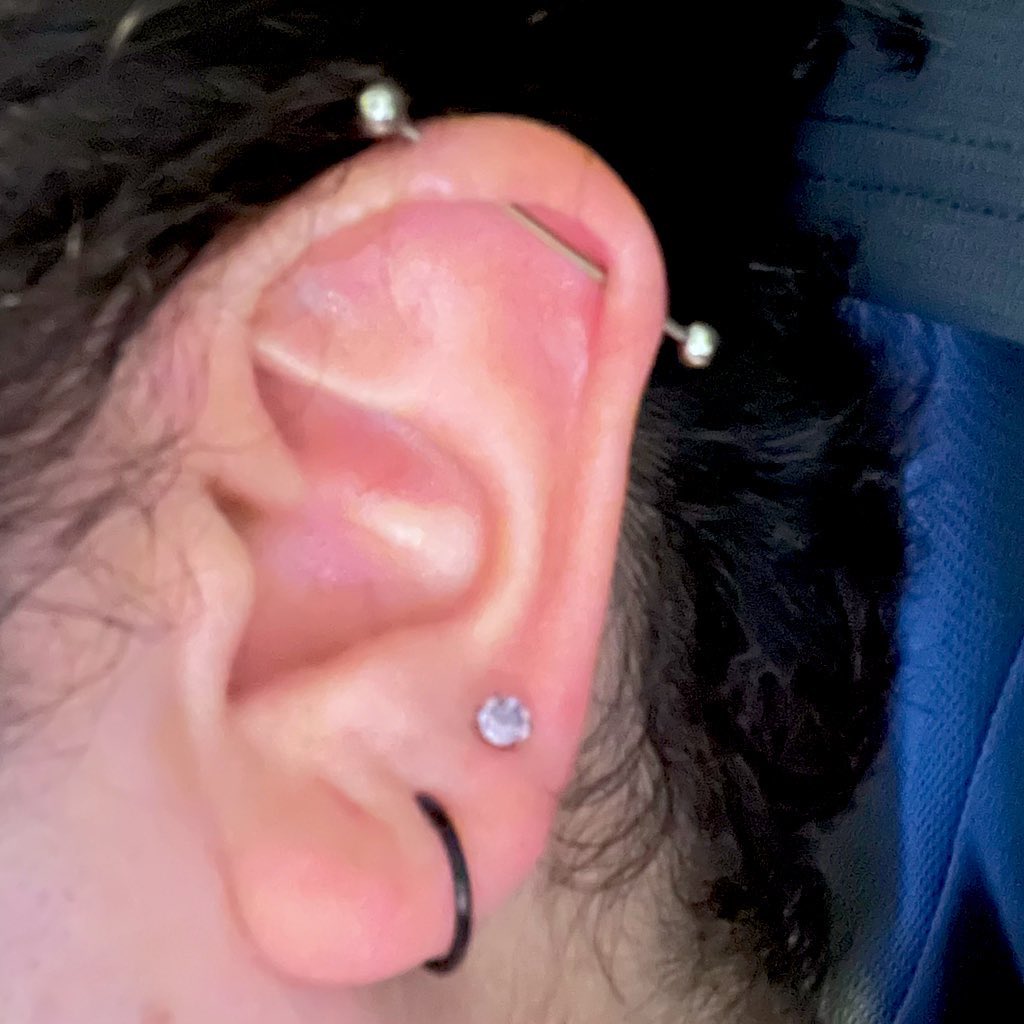 Soundtechdez's tweet photo. Added an industrial and a conch piercing. Ears are still a little swollen, but I’m so happy with them. https://t.co/5wMTcPIWRC