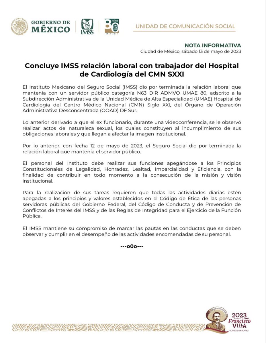 Concluye relación laboral con trabajador adscrito a la Subdirección Administrativa del Hosp. de Cardiología #CMNSXXI, ya que durante videoconferencia realizó actos de naturaleza sexual, lo que constituye incumplimiento de obligaciones laborales y afectan la imagen institucional.