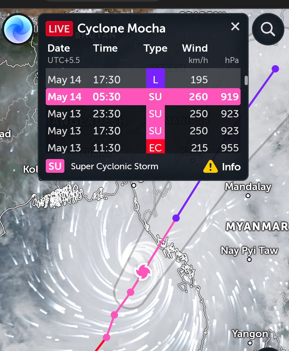 Monsoontv_india's tweet photo. #SuperCyclone #mocha is sustaining 270kmph #devastating #winds with 290 kmph #gusting and central pressure is 912 hpa now. It is only 100km far from #sittwe and 160 km from #coxbazar.Landfall will start near #Bnagladesh #myanmar border within 2-3 houres as cat5.
Prey for peoples. https://t.co/ggZBK6DrHG