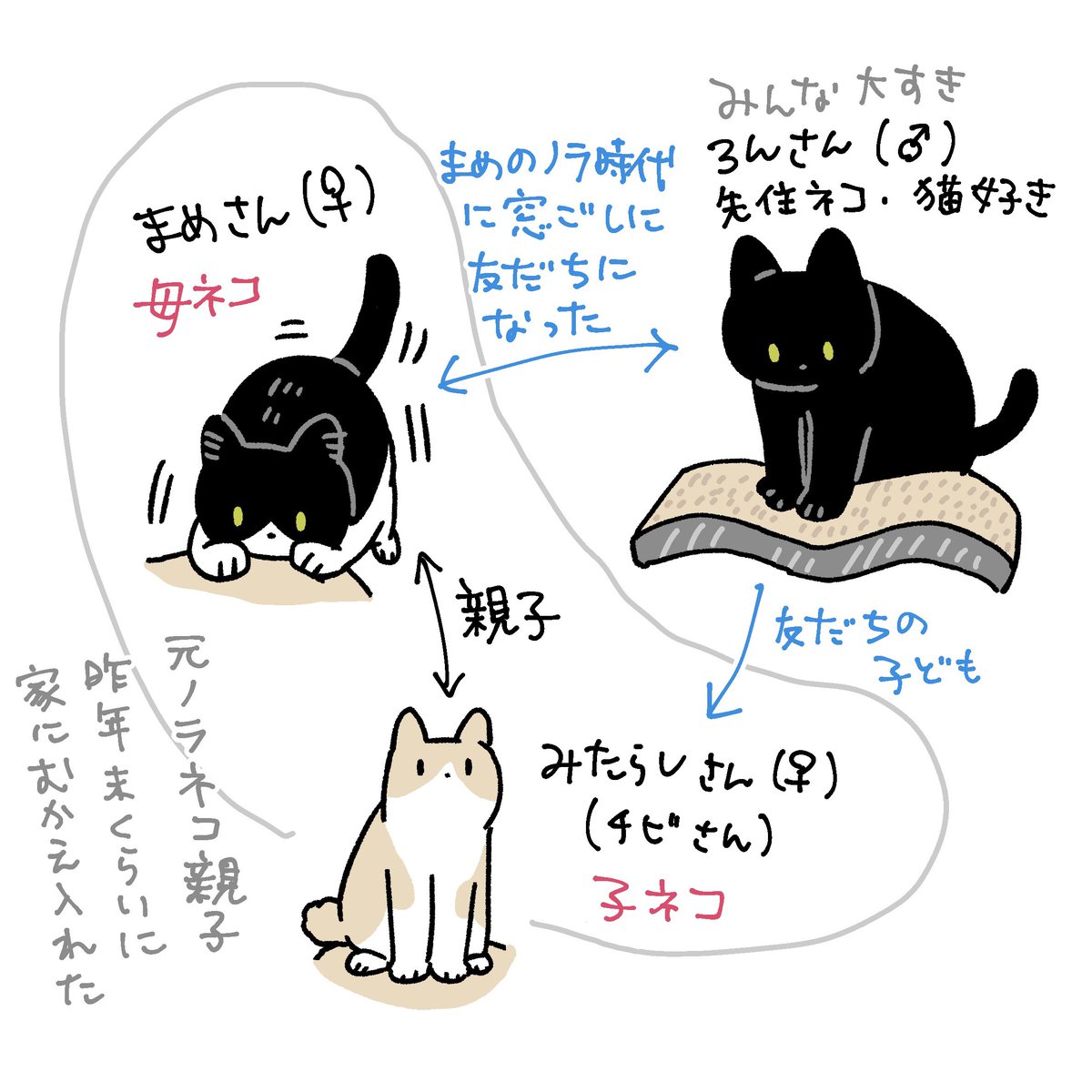 母の日なので💐 困ってる母ネコを見つけた子ネコがすぐに駆けつけてお手伝いしてて、お母さん想いだな〜って感心したときの絵日記