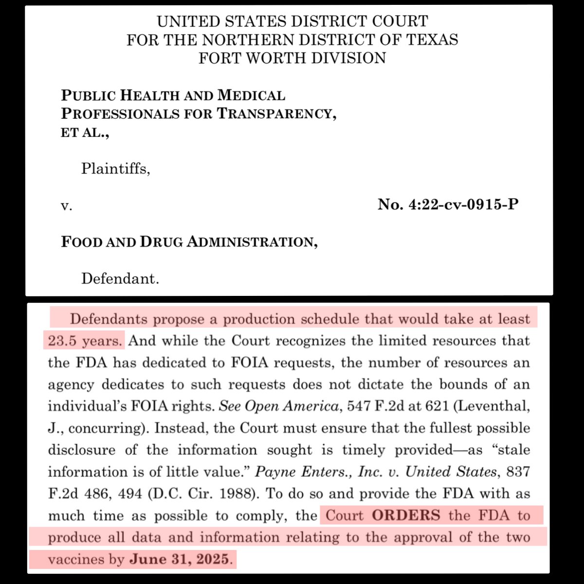craigkellyAFEE's tweet photo. IF THEY’VE GOT NOTHING TO HIDE  -  WHY TRY &  LOCK AWAY THE DATA FOR 23 YEARS  ?

A federal judge in Texas this week ordered the Food and Drug Administration (FDA) to make public data it relied on to license COVID-19 vaccines—Moderna’s for adults and Pfizer’s for children—at an accelerated rate, requiring all documents to be made public by mid-2025 rather than, as the FDA wanted, over the course of around 23.5 years.

https://t.co/ihHQB3TBVv
