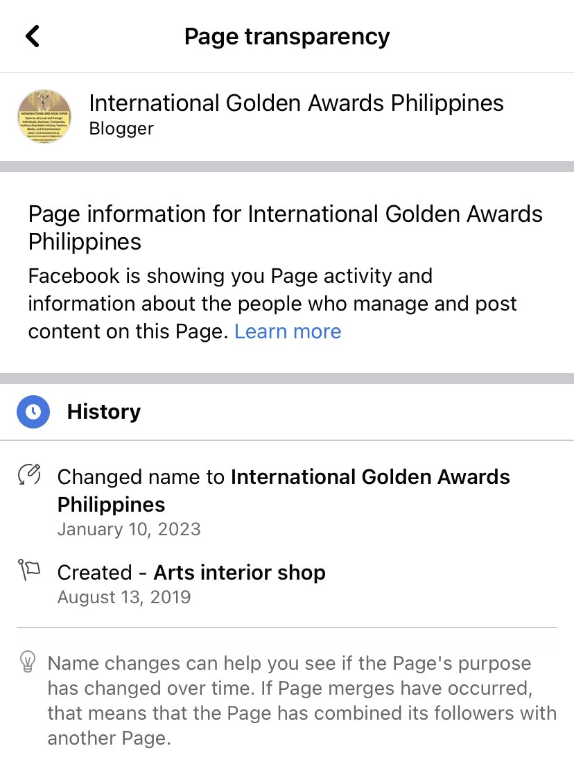 IanMakabayan's tweet photo. This is the institution or organization that awarded SMNI “truthful” and “unbiased” reporting.

An “Arts and Interior Shop” in Parang, Marikina that converted their page into  the International Golden Awards Philippines. 

Hindi pa ba ito panloloko? @NTCPH https://t.co/Np5f3ZbbXC