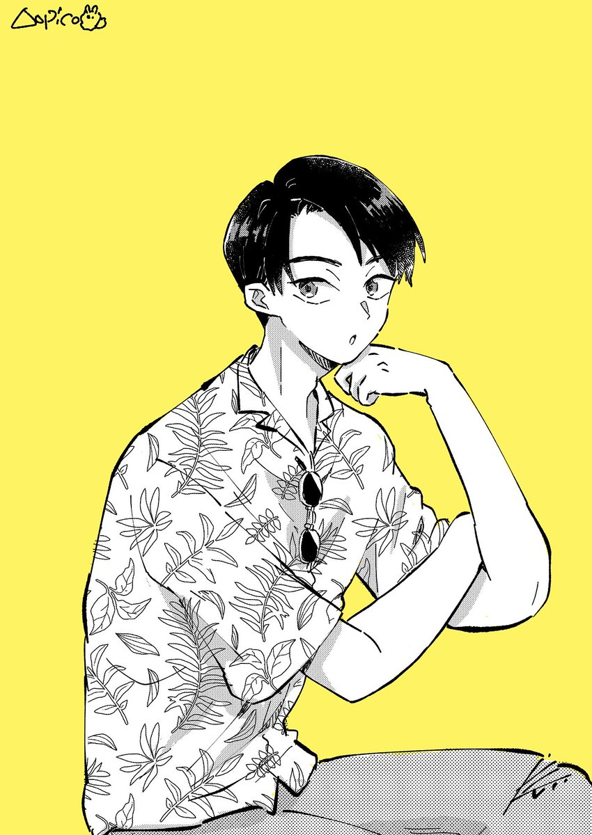 1boy male focus yellow background solo shirt sunglasses hawaiian shirt  illustration images