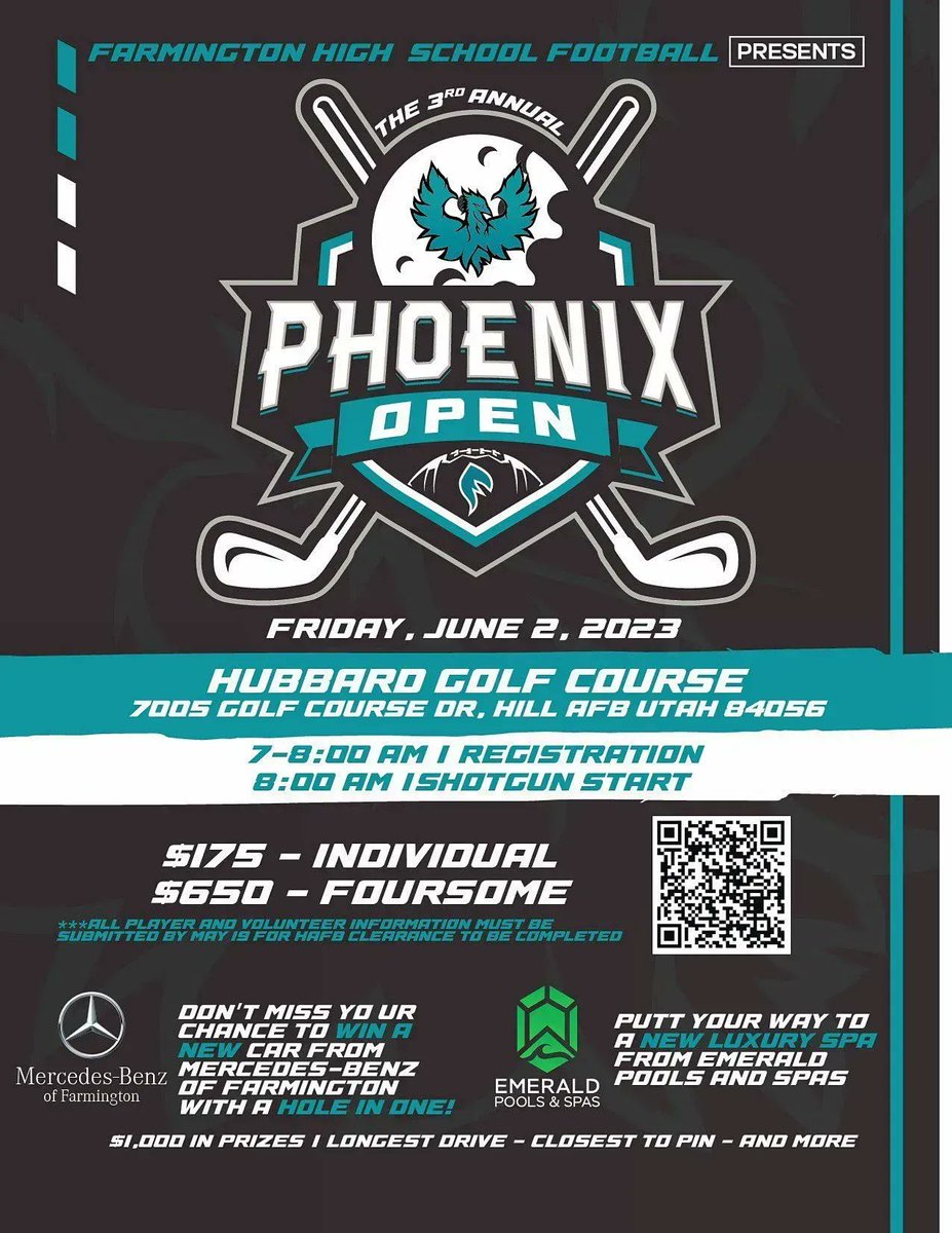 Farmington High School Football presents the 3rd Annual Phoenix Open
Hubbard Golf Course
700 S Golf Course Drive
Hill AFB UTA 84056

#farmingtonhighschool  #farmingtonnphoenix #golfopen #hubbardgolfcourse #hillafb #june2 #farmingtonhighschoolfootball #golf