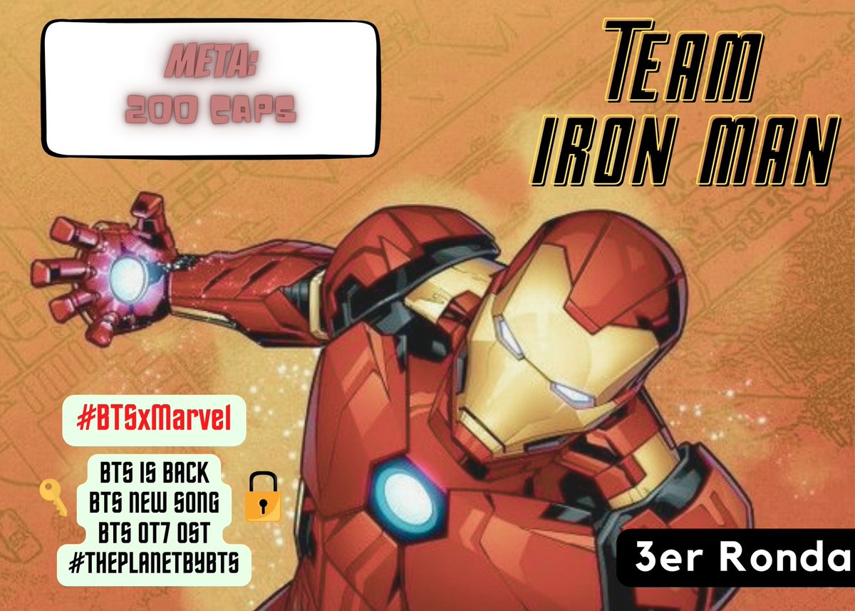 pjimndolly's tweet photo. 🔴 TEAM MARVEL : IRONMAN 

• TERCERA ronda 

Tiempo: 40 minutos

Dejen sus capturas y usa:

#TeamIroman #BTSXMARVEL
BTS IS BACK
BTS NEW SONG 
BTS OT7 OST 
#THEPLANETBYBTS

Playlist 
Sp: https://t.co/9gTytn5h9D
Am: https://t.co/zyJPdvAwNv https://t.co/QZ0HoYgTOu