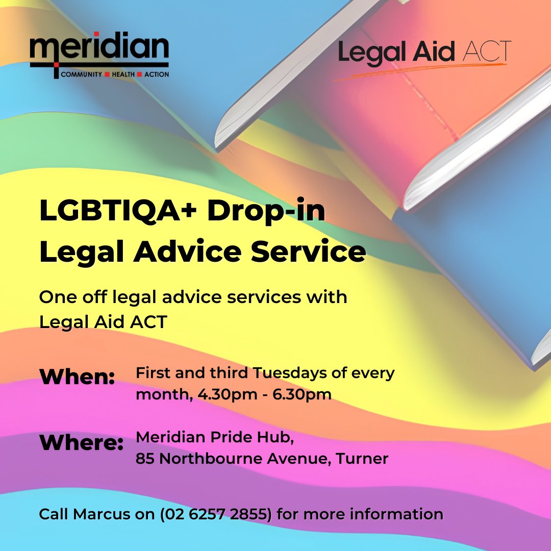 Meridian (@meridianact) on Twitter photo Meridian in conjunction with <a href="/LegalAidACT/">Legal Aid ACT</a> is providing a safe space for all the communities we work with to access free legal advice. Our drop-in service will run on the first and third Tuesdays of each month, 4.30pm - 6.30pm in the Pride Hub. Call 02 6257 2855 for more info! Meridian in conjunction with <a href="/LegalAidACT/">Legal Aid ACT</a> is providing a safe space for all the communities we work with to access free legal advice. Our drop-in service will run on the first and third Tuesdays of each month, 4.30pm - 6.30pm in the Pride Hub. Call 02 6257 2855 for more info!