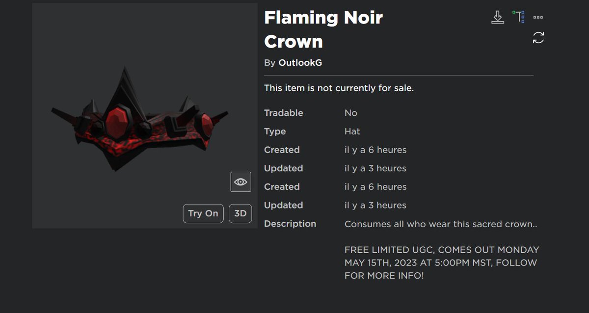 FreeUgcNotifier's tweet photo. Free ugc limited on Monday May 15th at 7 pm EST

"Flaming Noir Crown"

Link : https://t.co/SpBdwBKigz

#RobloxUGC #RobloxUGCLimited #freeugclimited https://t.co/zED5KqF6VI