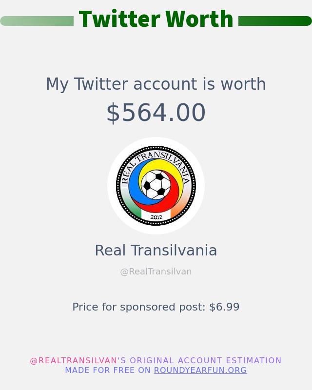 RealTransilvan's tweet image. My Twitter worth is: $564.00

➡️ funroundy.online/twitterworth
