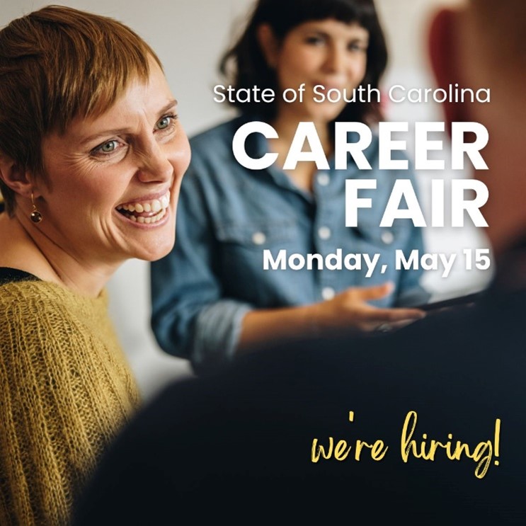 Looking for a career change? We’re hiring! Join us May 15 online or in-person in Columbia for the State of South Carolina Career Fair to learn about open positions and how to apply for them! Details and registration: bit.ly/scvcfmay23