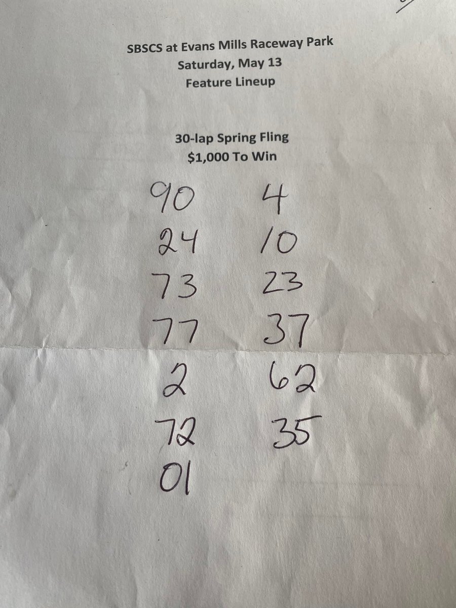 OswegoSpeedway's tweet photo. Lineup for tonight’s 30-lap, $1,000 to win Small Block Super Championship Series ’Spring Fling’ at @EvansRaceway 👇 Greg O’Connor and Mike Bruce will bring the field to the green. #SBSCS https://t.co/ViOCtVLFln