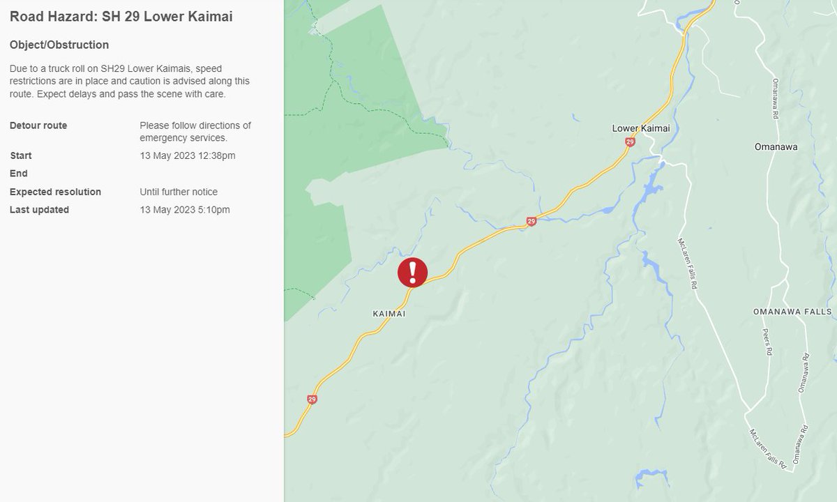 nztawbop's tweet image. SH29 LOWER KAIMAI, BAY OF PLENTY - VEHICLE RECOVERY - 12:05PM, SUN 14 MAY
Due to a prior truck roll, vehicle recovery is underway. Please expect significant delays when travelling through this are or consider an alternate route. ^EH