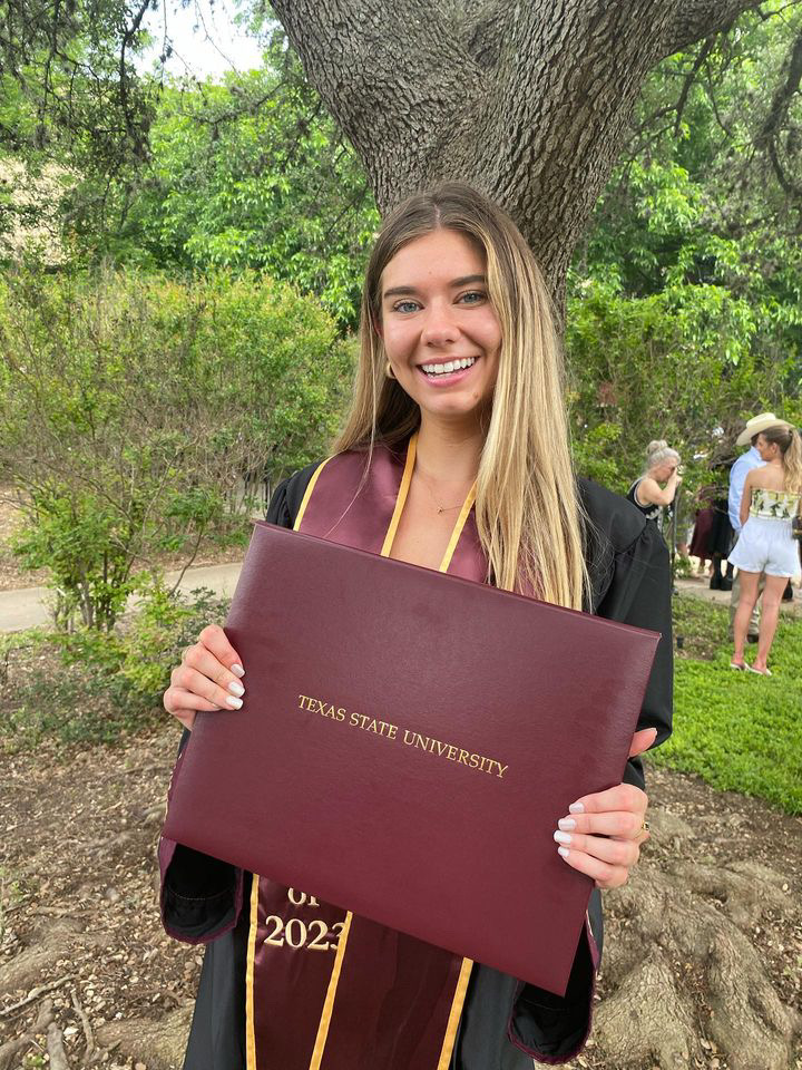 TAVVolleyball's tweet photo. #NewGradAlert: Congrats to #TAVAlumni Gracie Sutherland for graduating from Texas State! #GoTAV #GotThatDegree ๐ https://t.co/m9vv0fqbu1
