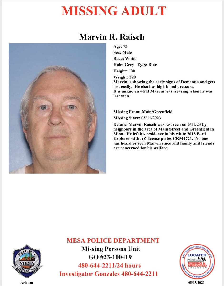 MesaPD's tweet photo. Have you seen Marvin?

Marvin was last seen on May 11, 2023 near Main and Greenfield driving a 2018 white Ford Explorer AZ license CKM4721. https://t.co/f8UIpg2dhC
