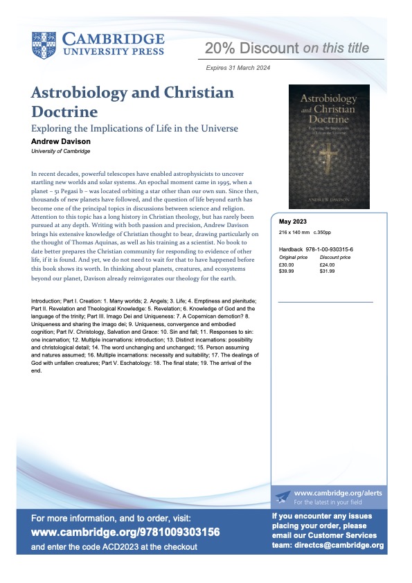 AP_Davison's tweet photo. Less than a month now until the publication of 'Astrobiology and Christian Doctrine'. Here is a flyer with 20% off from Cambridge University Press. https://t.co/NWzGWiNxCb