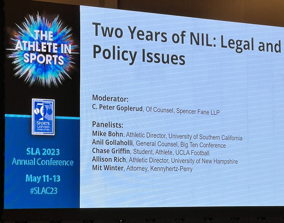WinterSportsLaw's tweet photo. Thanks to @sportslawyers for inviting me to be on a panel at its annual conference to discuss the legal issues surrounding #NIL.
I had a great time talking NIL with @agollahalli, @UNH_AD, @ChaseQB11, and @USC_mikebohn.
And thanks to @PeterGoplerud for moderating.
#SLAC23 https://t.co/Ba6bz9Eqqi