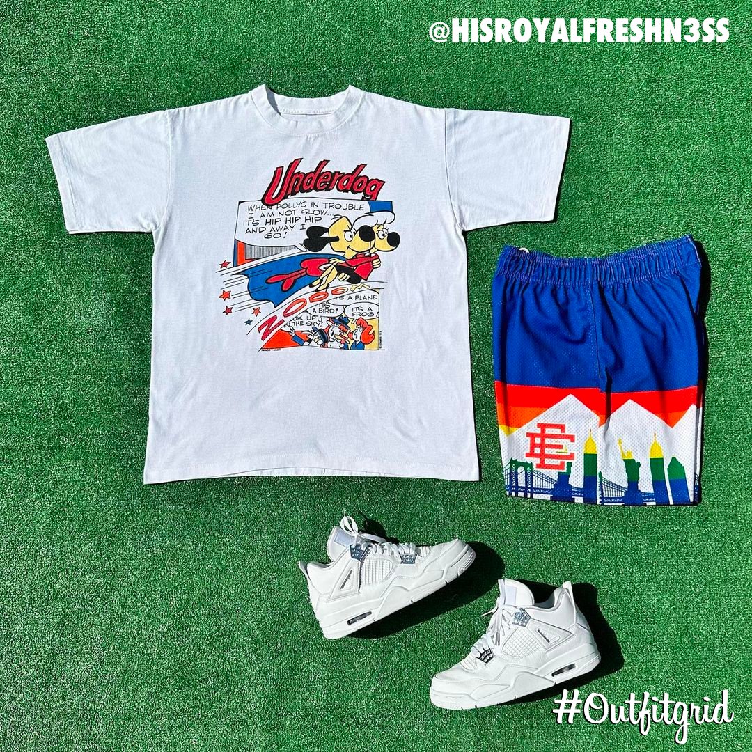 Today's top #outfitgrid is by @hisroyalfreshn3ss.
▫️ #Vintage #Underdog #Tee
▫️ #EricEmanuel #Shorts
▫️ #JordanIV #PureMoney