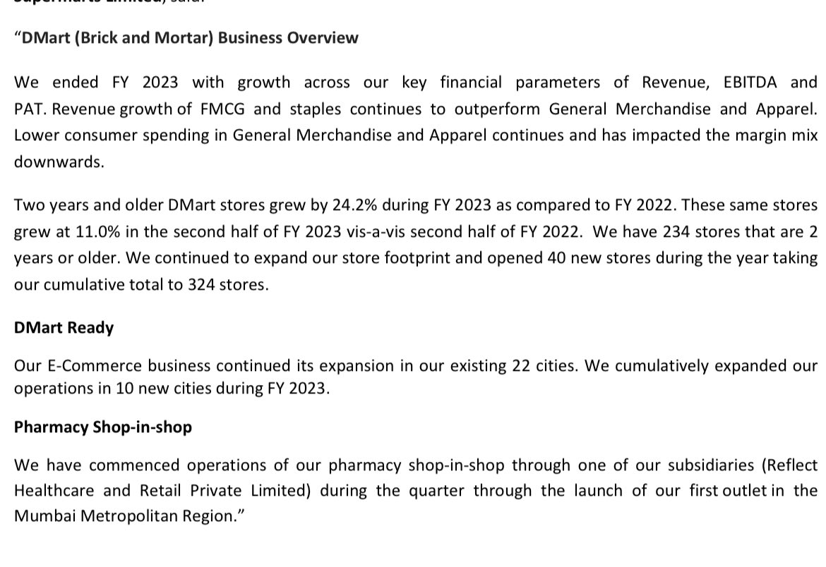 KyRonConsultant's tweet image. #ConsistentCompounder #Dmart #Fy23 

E-commerce stores expanded to 22 cities now with 10 cities added in FY23 alone

40 new stores opened to total now at 324 stores in India

General merchandise and apparel business needs to pick up for margin improvements
