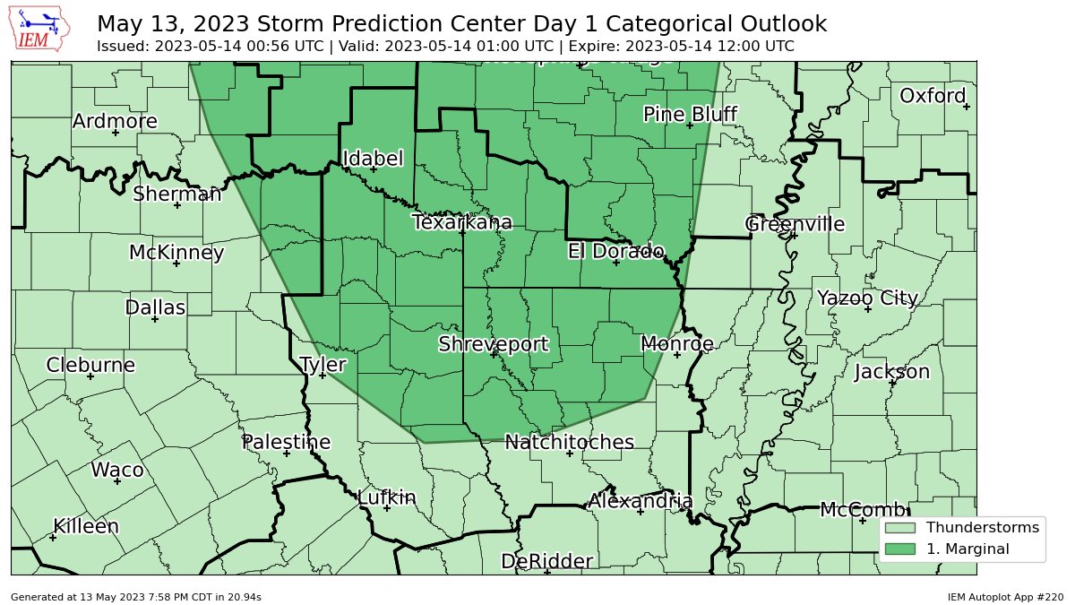 SPC issues Day 1 Marginal Convective Risk at May 14, 0:56z for SHV spc.noaa.gov/products/outlo…