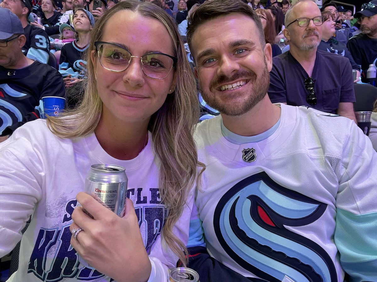 Alexishenkel's tweet photo. #seakraken first NHL game and it’s play offs! Teaching my husband about hockey 🏒🏒 https://t.co/V6SfmrjKOD