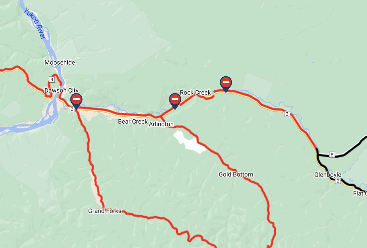 This is fine, this is totally fine. (Current as of 18:14 Yukon time, check 511yukon.ca for current conditions). For those not familiar, red = road closed.