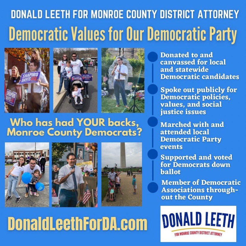 DonaldLeeth4DA's tweet photo. Who has had YOUR backs, Monroe County Democrats? 🗳️🗳️🗳️ Vote DONALD LEETH for Monroe County District Attorney on May 16th!
#DonaldLeethForDA #DonaldLeeth #TeamLeeth #DonaldLeethForDistrictAttorney #MonroeCountyPA #StroudsburgPA #Democrat #VoteBlue #VoteBlue2023 #VoteDemocrat https://t.co/271Y7y6z5w