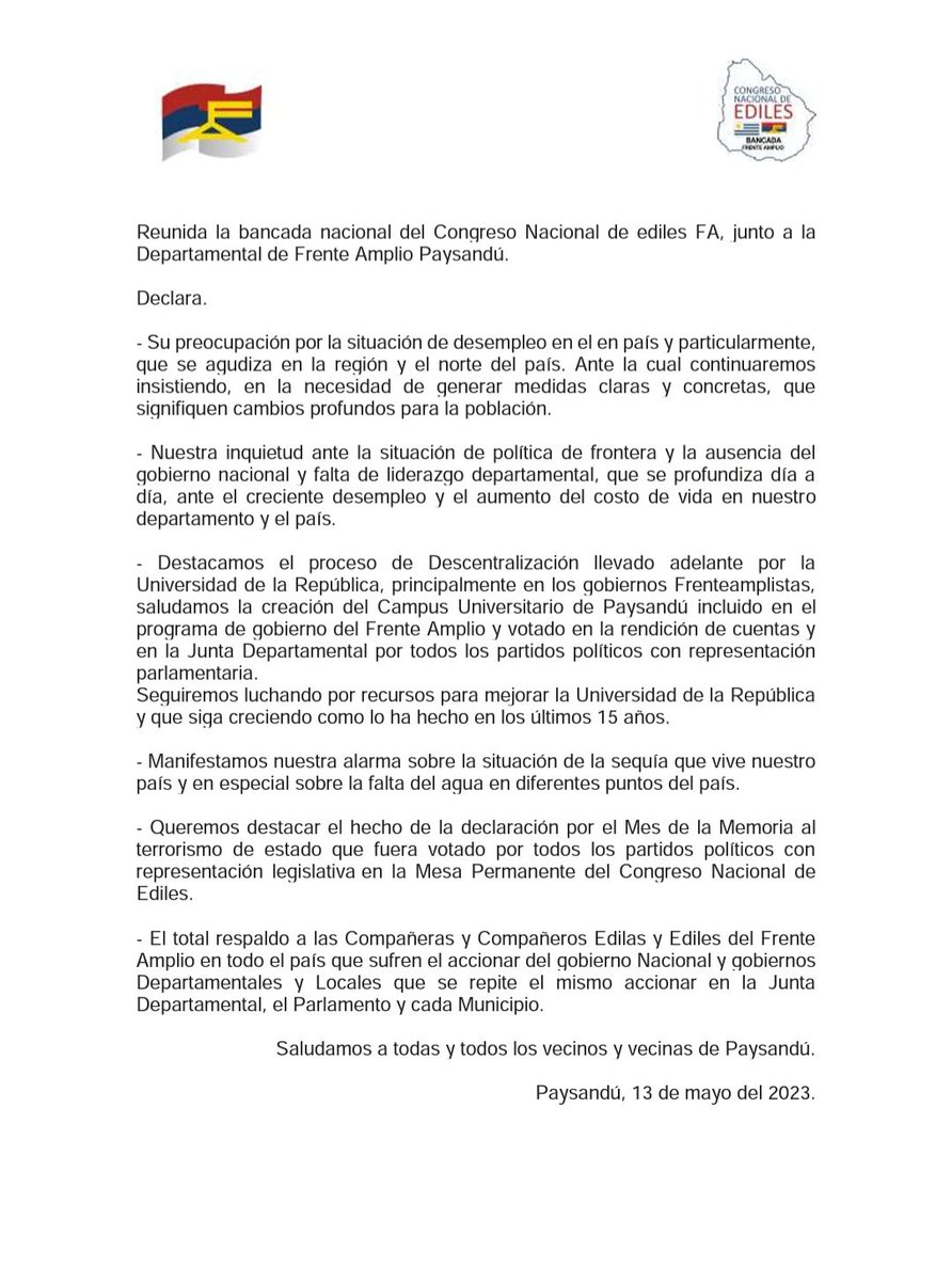 Declaración conjunta entre la bancada y la Mesa Política de Paysandú, sobre temas de importancia departamental.
