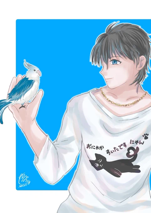 男性の練習〜3D人形さんを参考に身体描く。所々でアレンジ。とても助かる。少しは男性ぽくみえますかね?猫のシャツ可愛く描けた。こういうのをネットで見つけて軽くアレンジ#オリジナルイラスト #illustration #イラスト #創作イラスト 