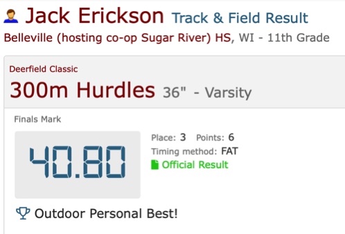 JackErickson04's tweet photo. New PR in 300 hurdles 40.80 https://t.co/SsxRNVHPKa
