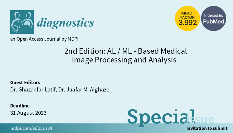 ghazanfarlatif's tweet photo. I am pleased to be the Guest Editor of another #Diagnostics Journal (IF 3.99 Q2) special issue titled "AI/ML-Based Medical Image Processing and Analysis". An Open Access journal but I can nominate few scholars for 100% OA #FeeWaivers (actual fee $2,225).
Feel free to contact me. https://t.co/PCaoO7c340