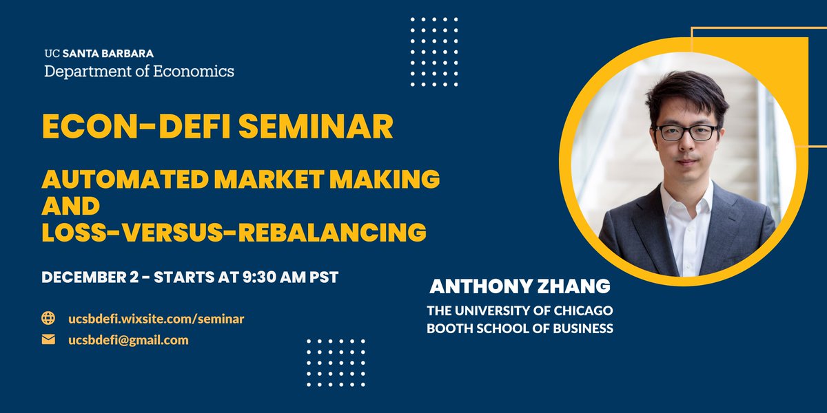 UCSBDeFi's tweet photo. Our YouTube channel is up! βΆοΈ
Watch a recorded seminar on Automated Market Making and Loss-Versus-Rebalancing, presented by @AnthonyLeeZhang, Assistant Professor of Finance at @ChicagoBooth: https://t.co/WddxPbXWsf π
#gradforgrad #DeFi https://t.co/qXGUeBXqE7