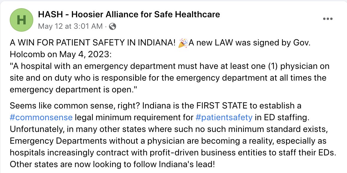 This is fantastic news from Indiana!! As an EM doc, I am so happy and would like to personally thank Mercy Hylton, MD, who spearheaded this action in 2021 when she wrote it as a resolution and it was passed by the House of Delegates of the Indiana State Medical Association.